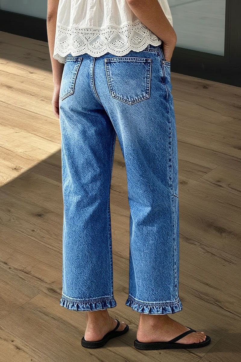 Wash Ruffle Split Hem Mid Rise Straight Leg Cropped Jeans