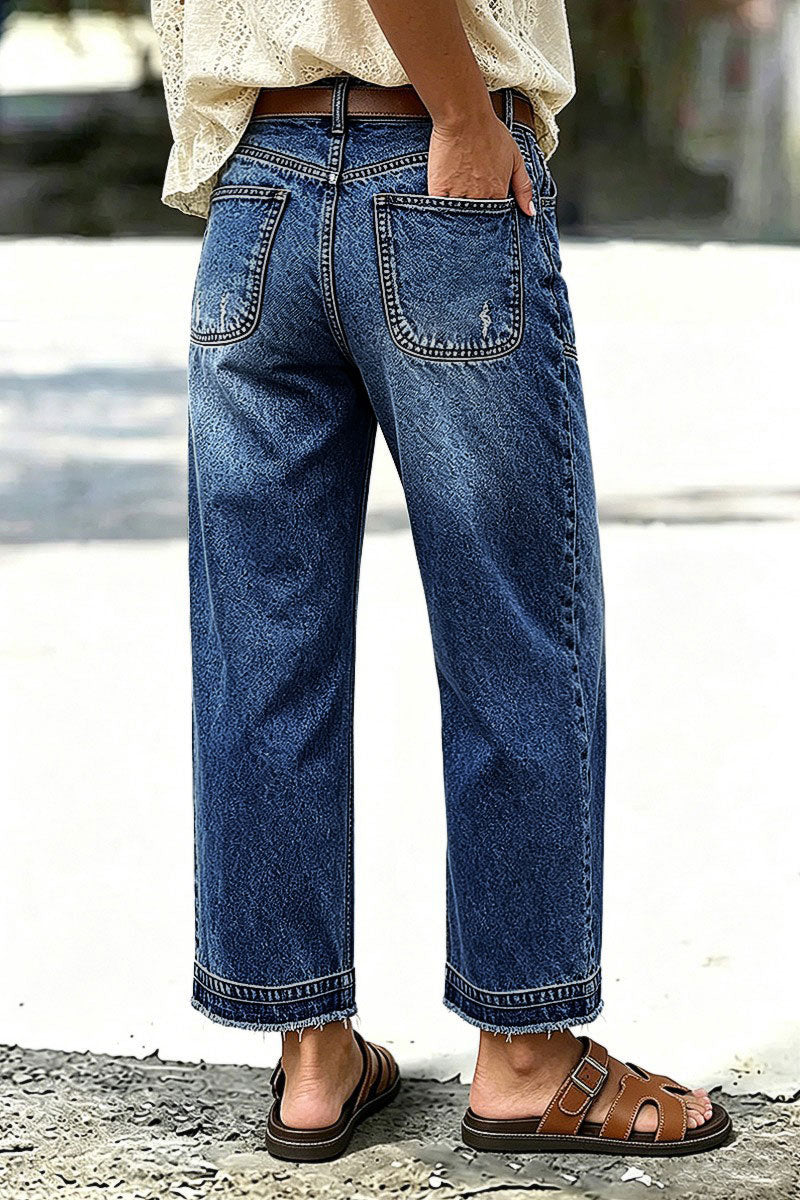 Wash Ripped Raw Hem Mid Rise Straight Leg Crop Jeans