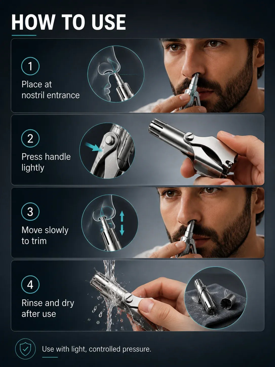 Manual Nose Hair Trimmer – Stainless Steel 360° Trimmer, Waterproof & No Battery Required