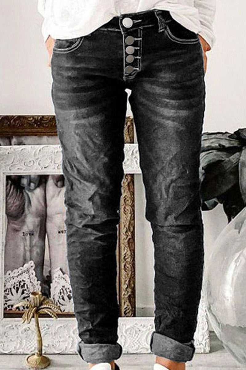 Button Up Roll Hem Low Waist Straight Leg Jeans