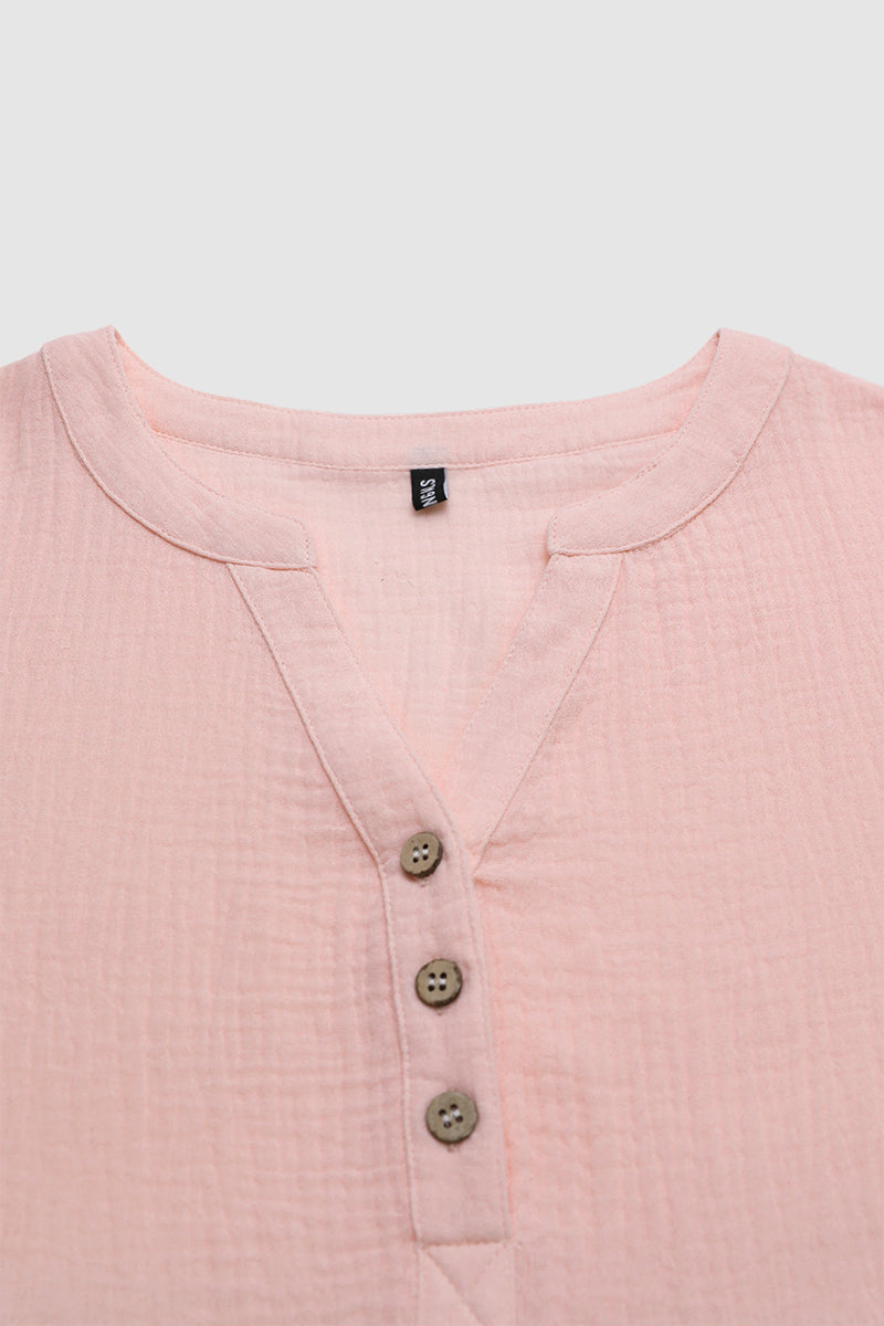 Solid Raw Hem Button Front Notched Neck Blouse