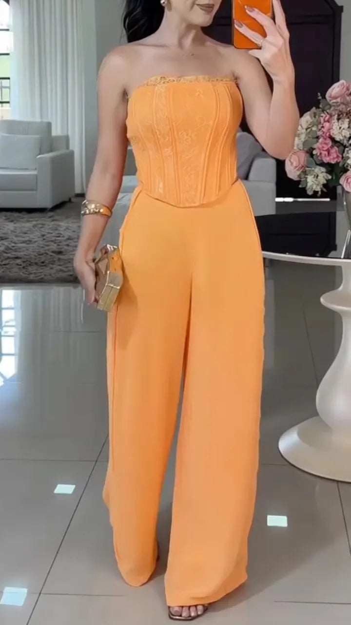 Embroidered Corset & Wide-Leg Pants Set