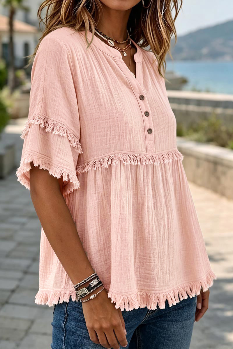 Solid Raw Hem Button Front Notched Neck Blouse