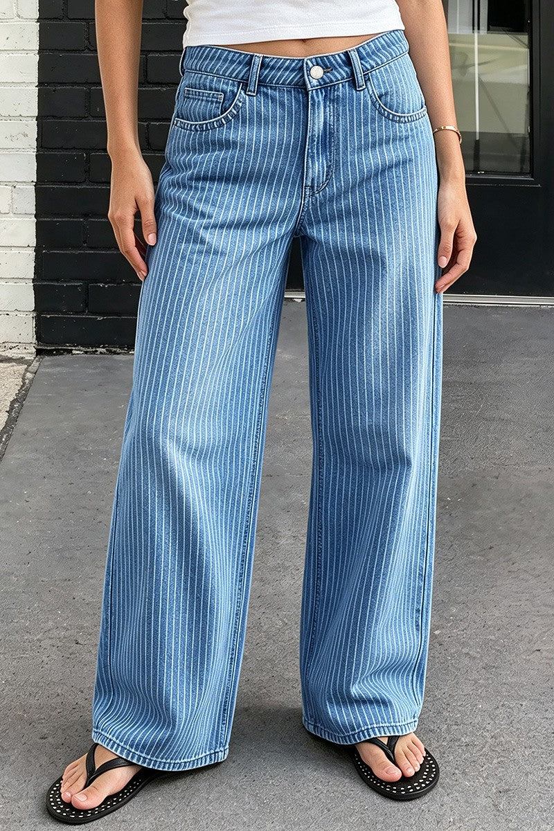 Wash Striped Mid Waist Wide Leg Jeans