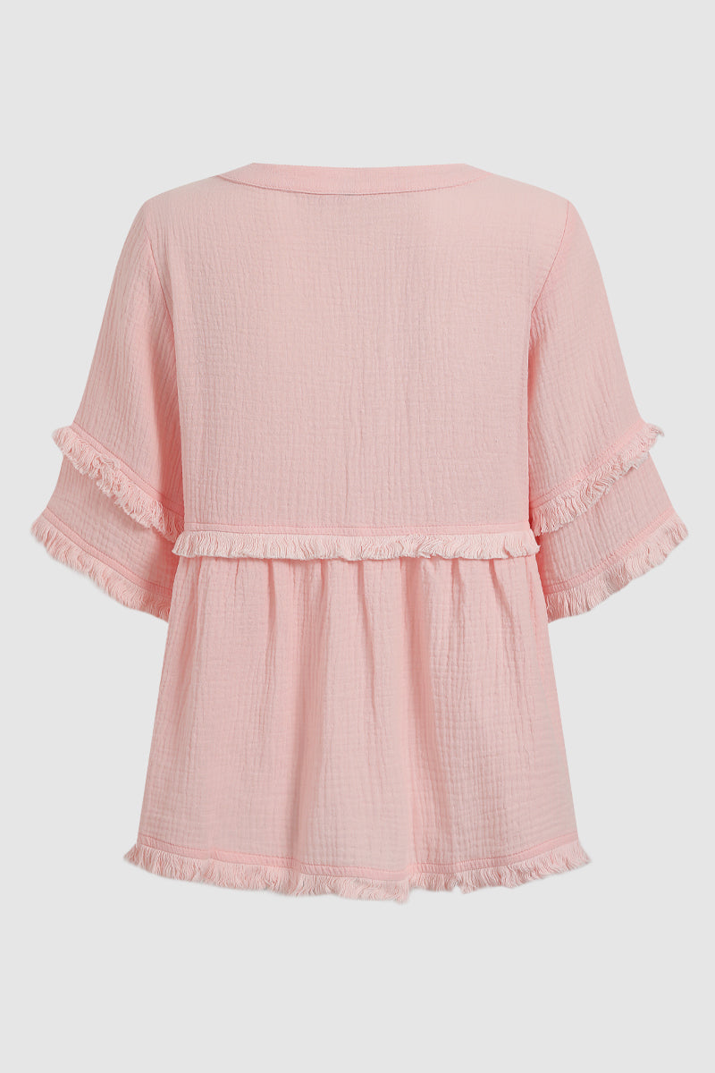 Solid Raw Hem Button Front Notched Neck Blouse