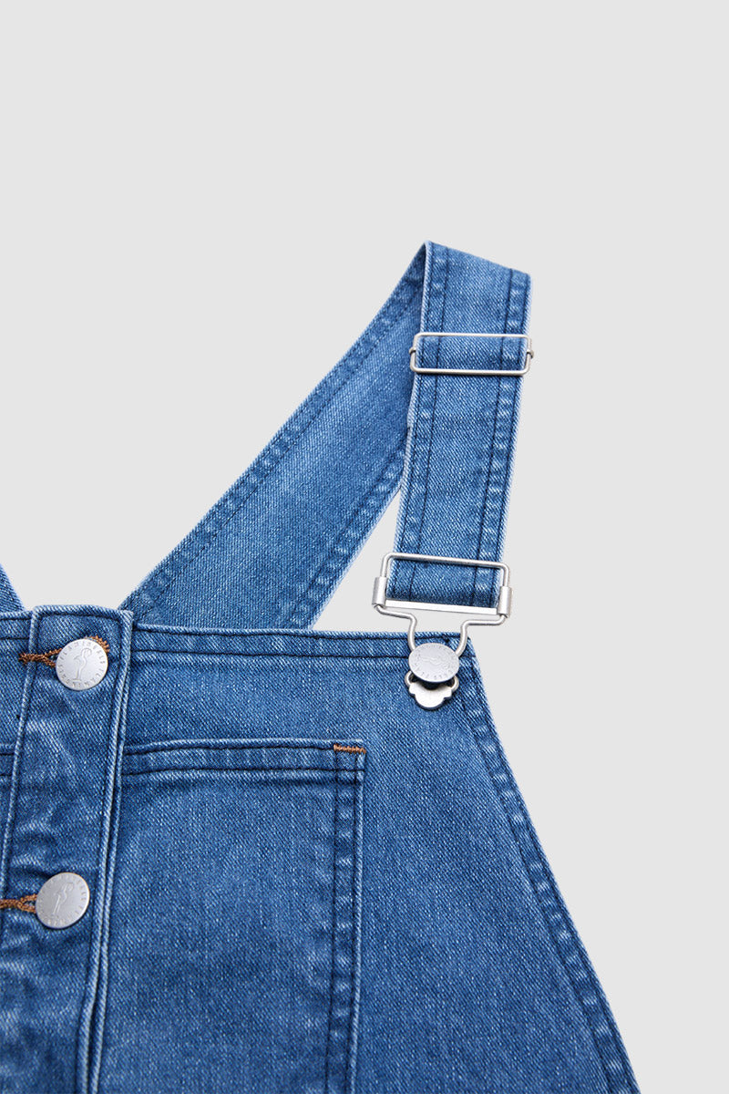 Wash Adjustable Raw Hem Button Fly Denim Overall Midi Dress