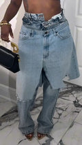 Blue Double-Waist Skirt-Overlay Jeans