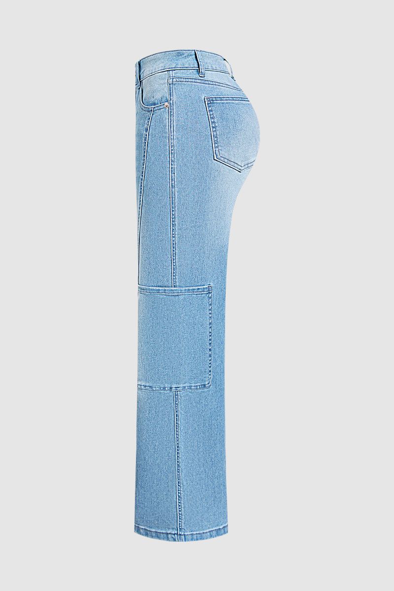 Wash Patch Pocket Stitch Detail Mid Waist Wide Leg Jeans Without Belt