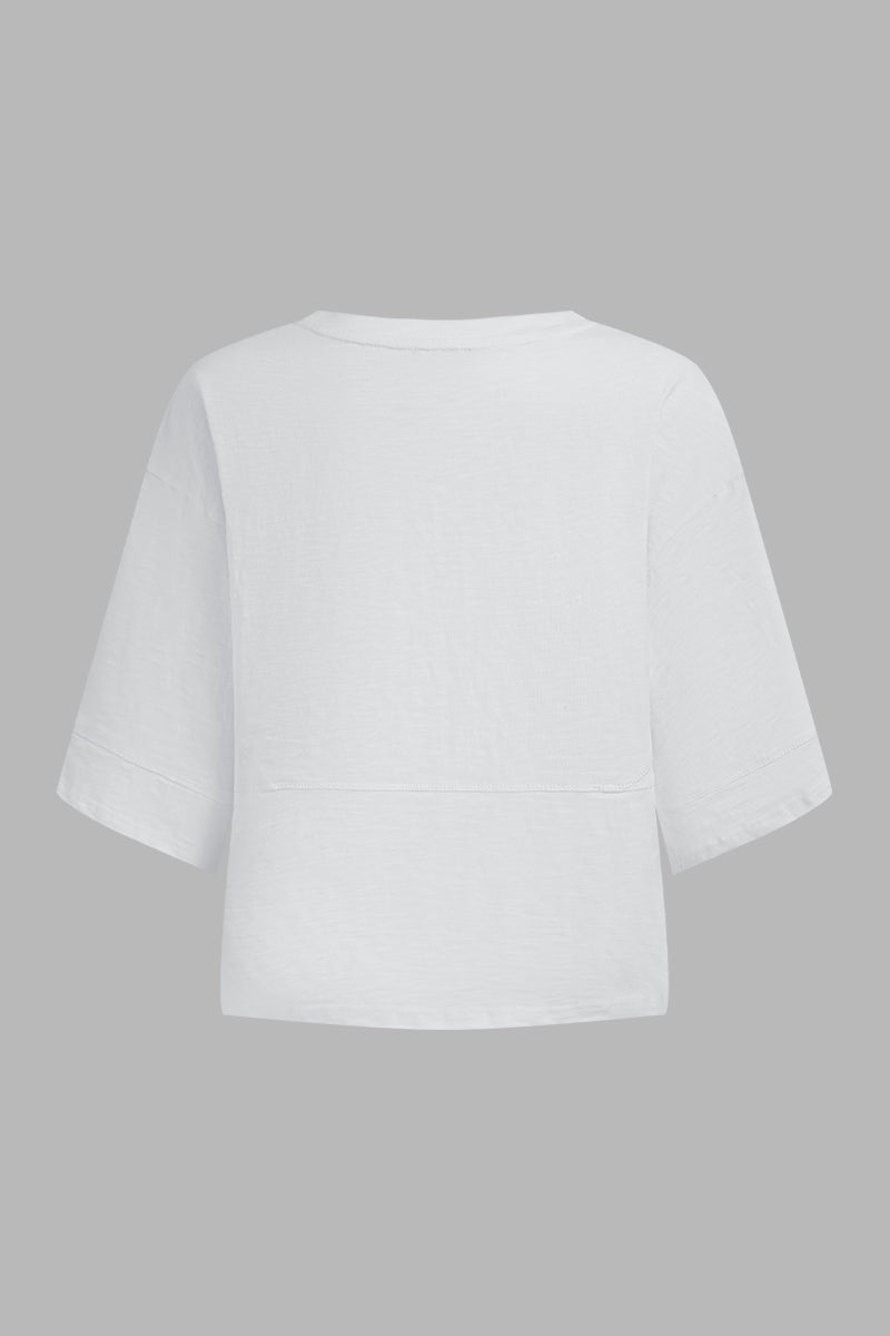 Solid Stitch Detail Round Neck Three Quarter Length Sleeve T-Shirt