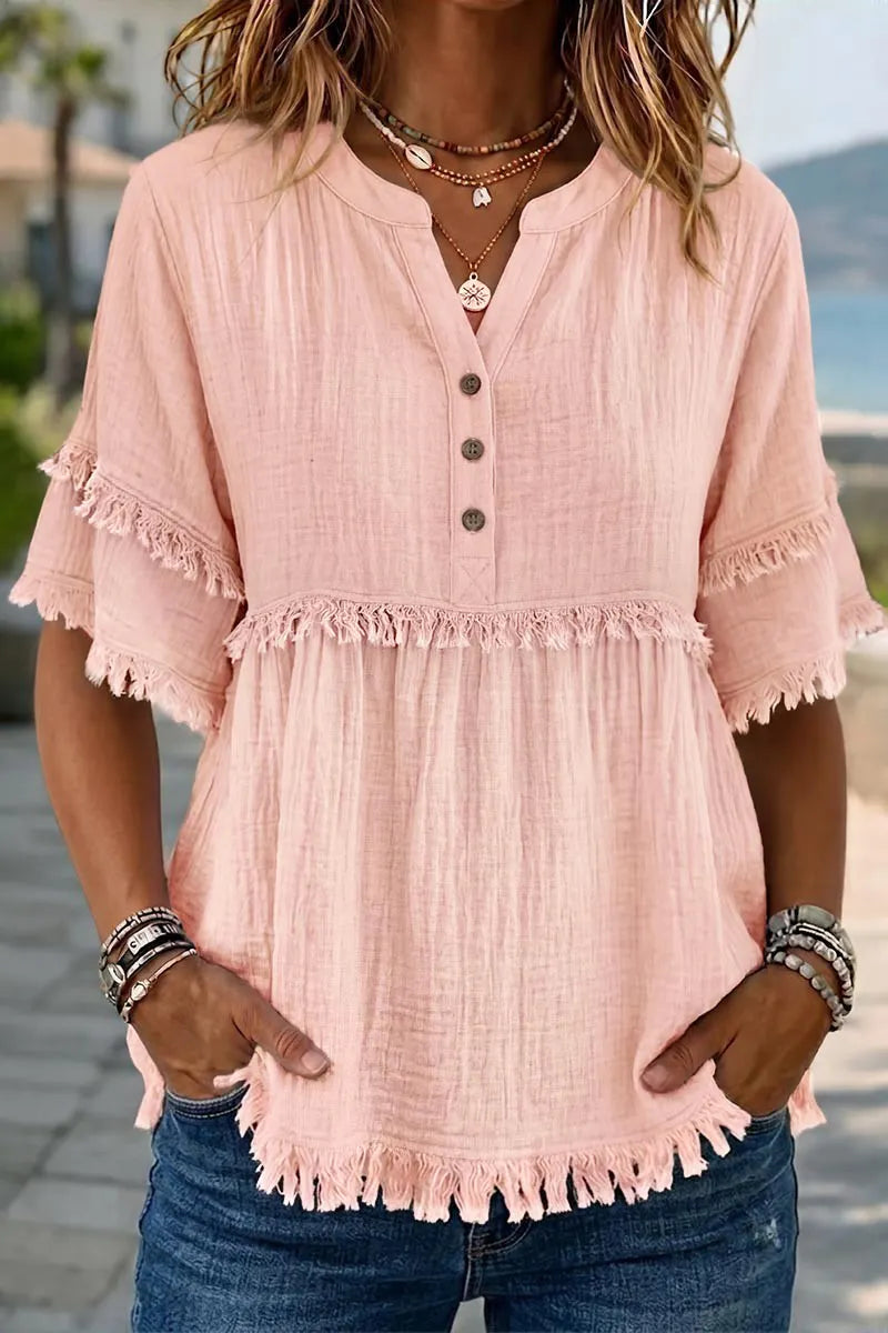 Solid Raw Hem Button Front Notched Neck Blouse