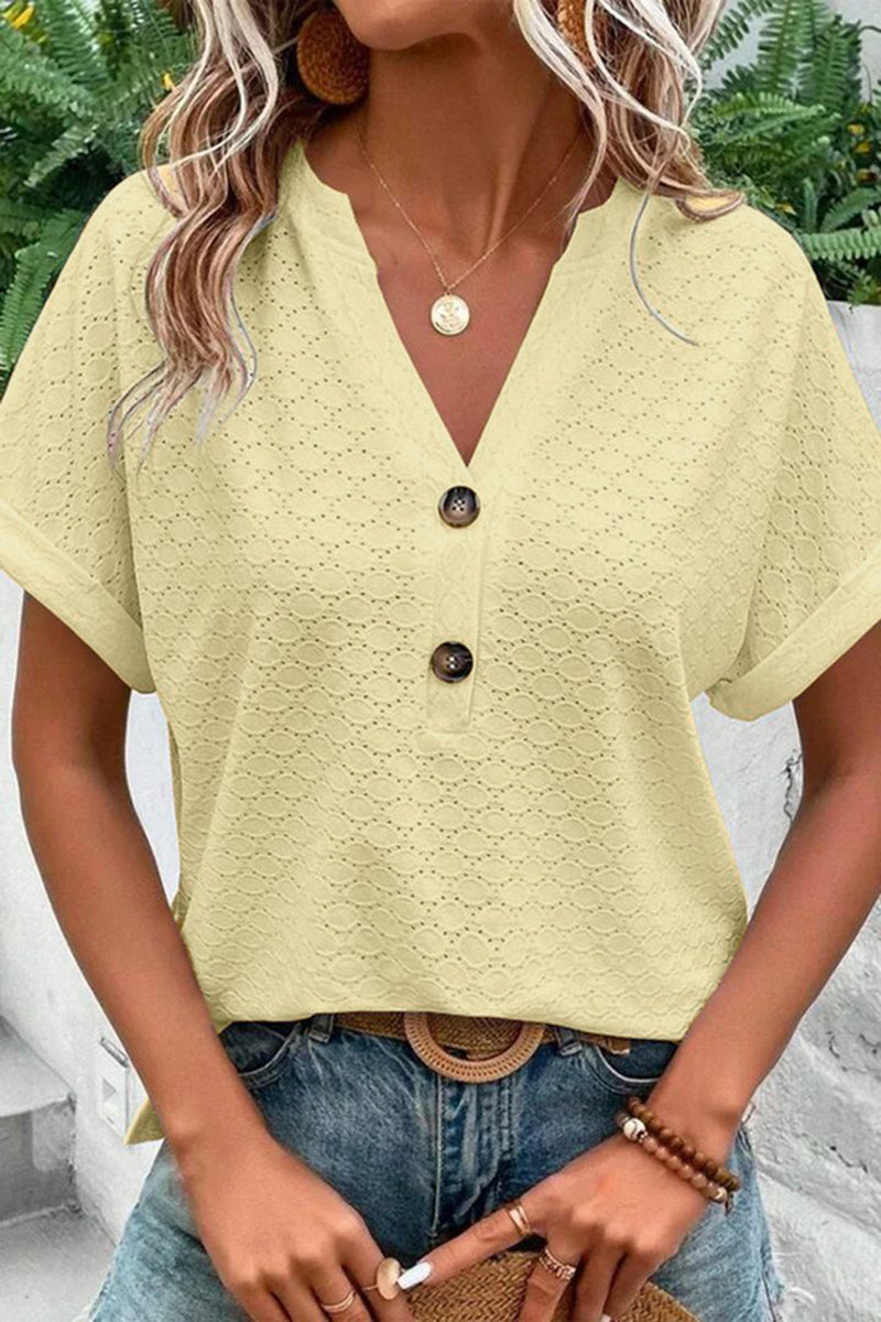Solid Hollow Out Button Decor V Neck T-Shirt