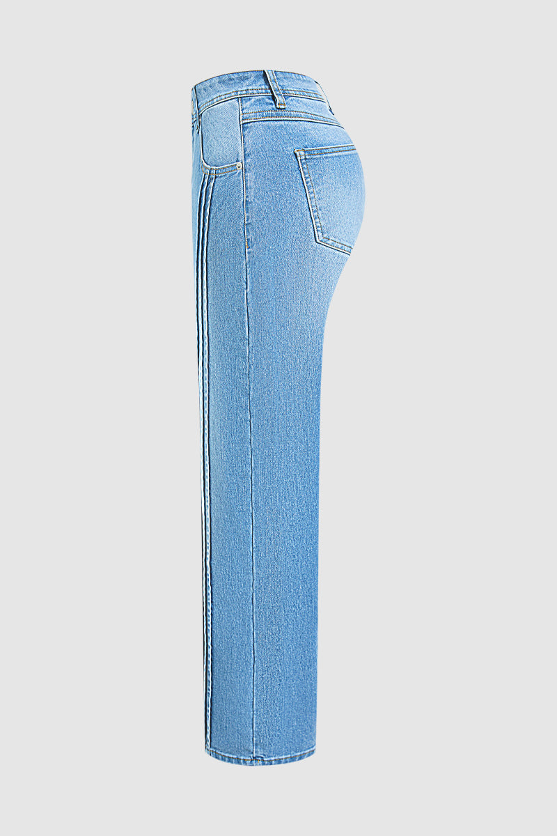 Wash Stitch Detail Mid Waist Straight Leg Jeans