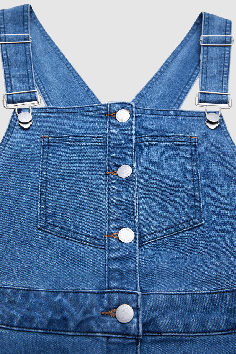 Wash Adjustable Raw Hem Button Fly Denim Overall Midi Dress