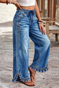 Wash Drawstring Split Ruffle Hem Mid Waist Wide Leg Jeans