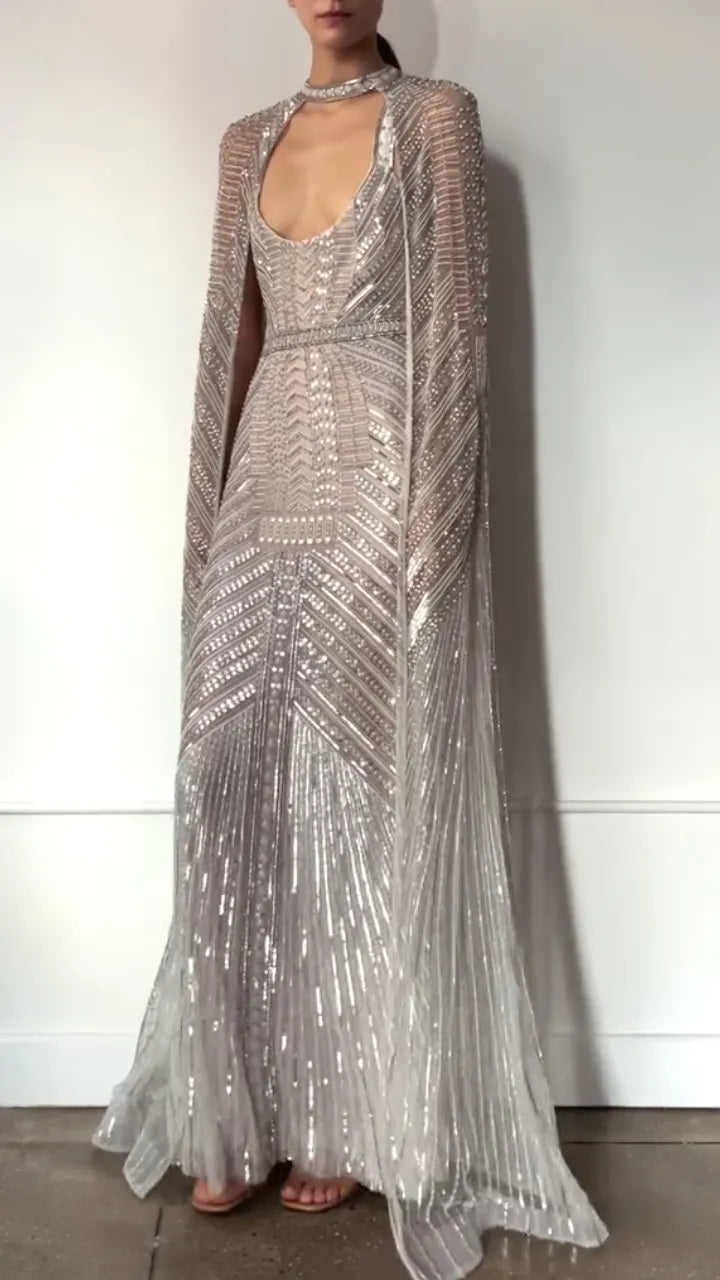 Silver Geometric-Beaded Keyhole Cape Gown