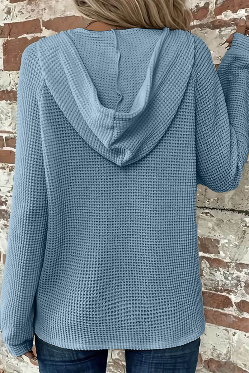 Waffle Knit Half Button Placket Drawstring Long Sleeve Hoodie