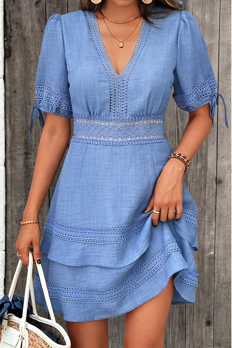 Contrast Lace Layered Ruffle Hem Drawstring Puff Sleeve Short Dress