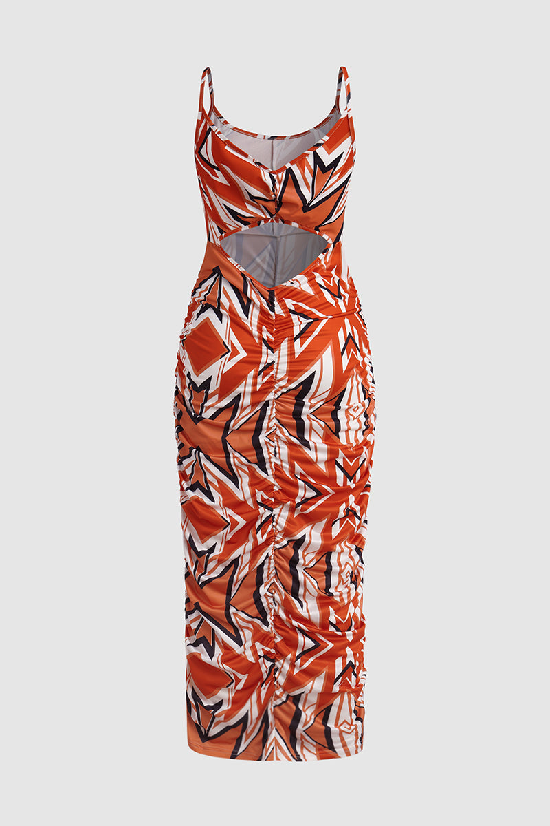Allover Print Ruched Cut Out Maxi Dress
