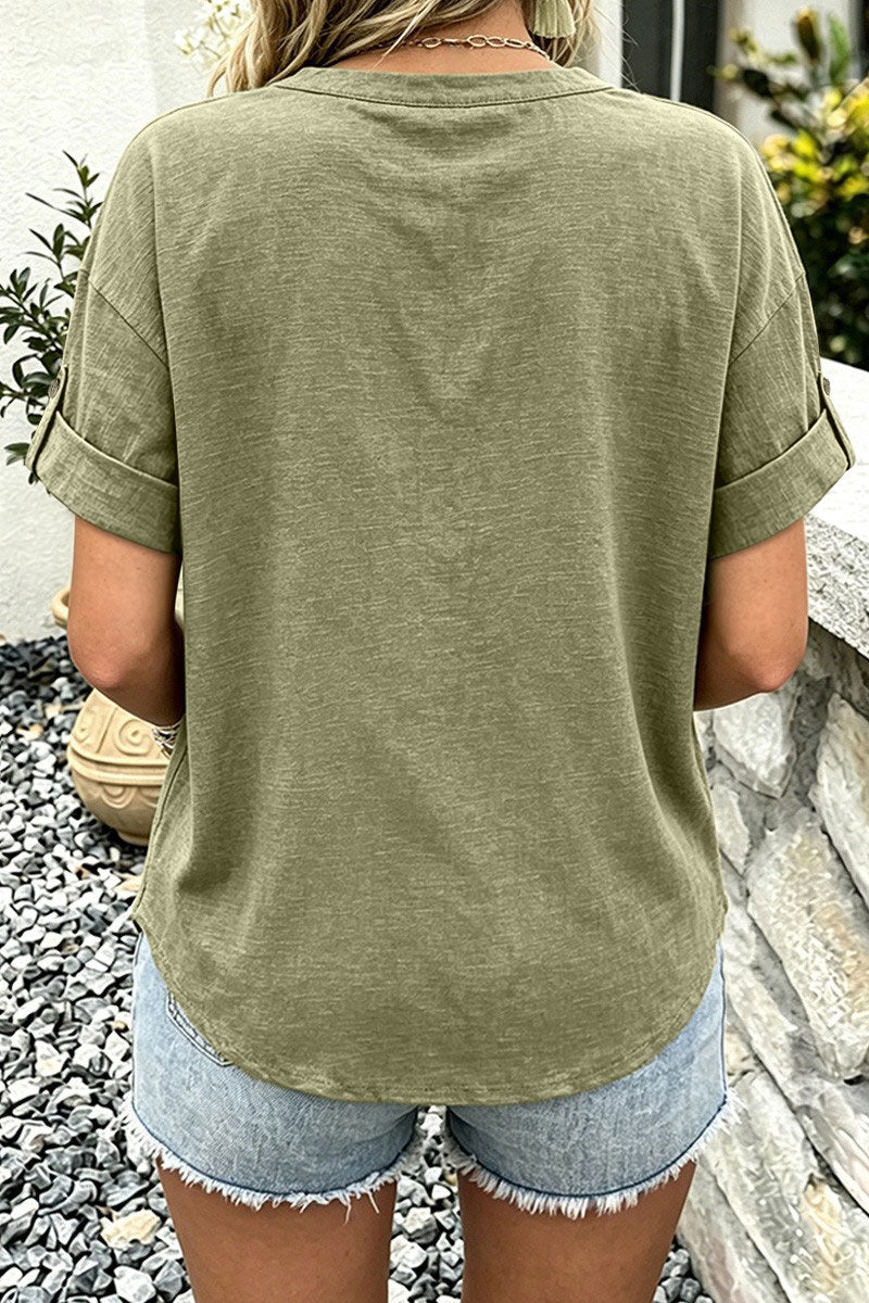 Button Decor Pocket Front V Neck Short Sleeve T-Shirt