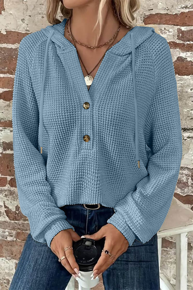Waffle Knit Half Button Placket Drawstring Long Sleeve Hoodie