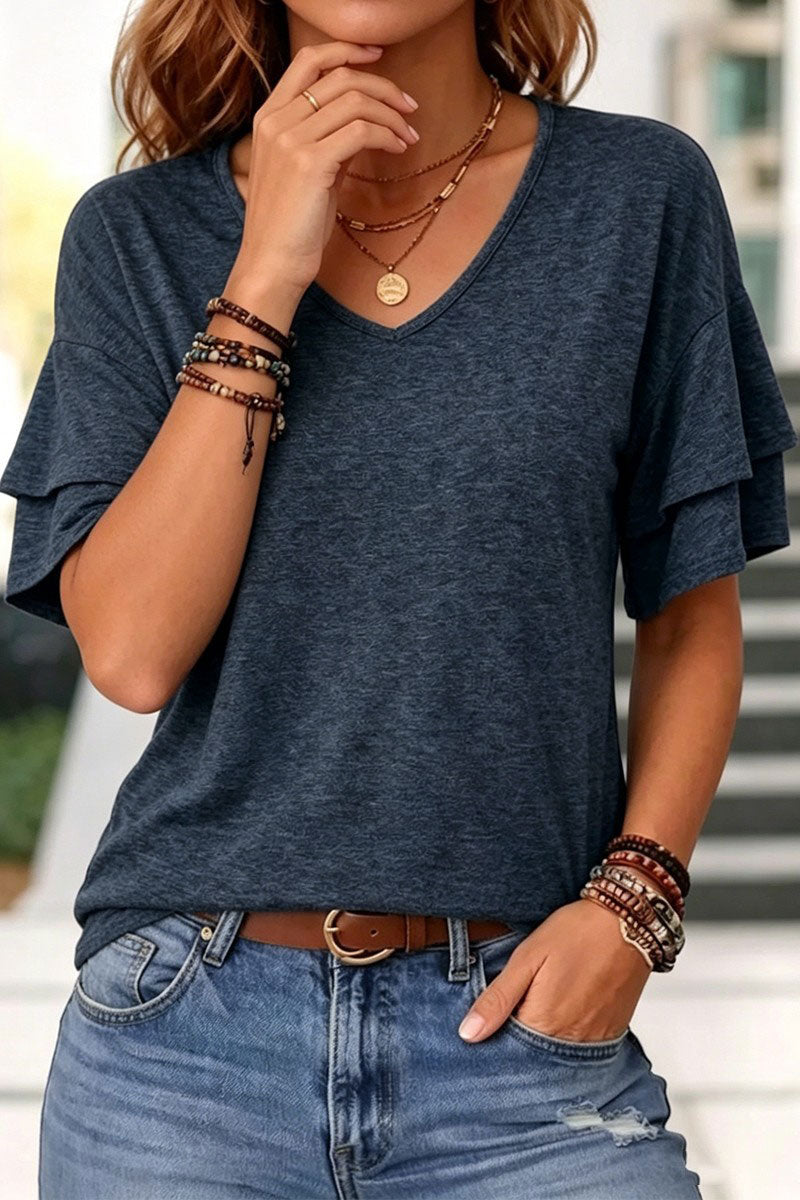 Solid Layered Sleeve V Neck T-Shirt