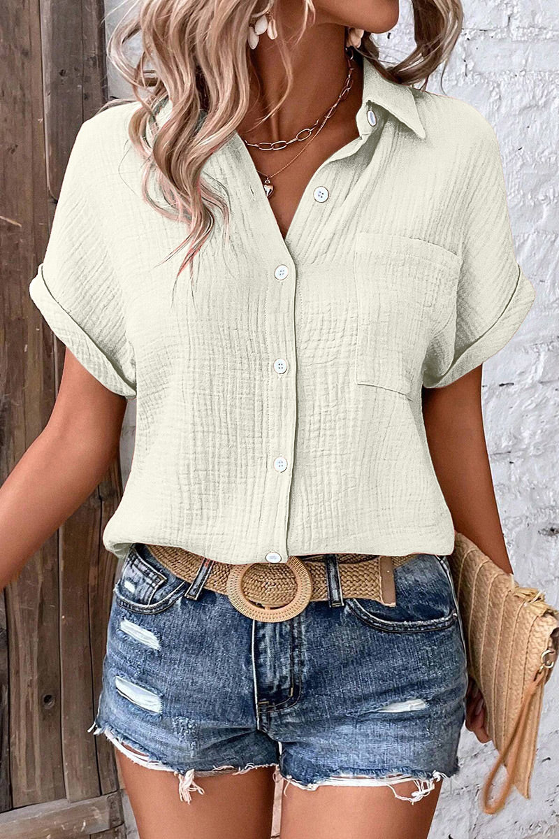 Solid Patch Pocket Roll Sleeve Shirt