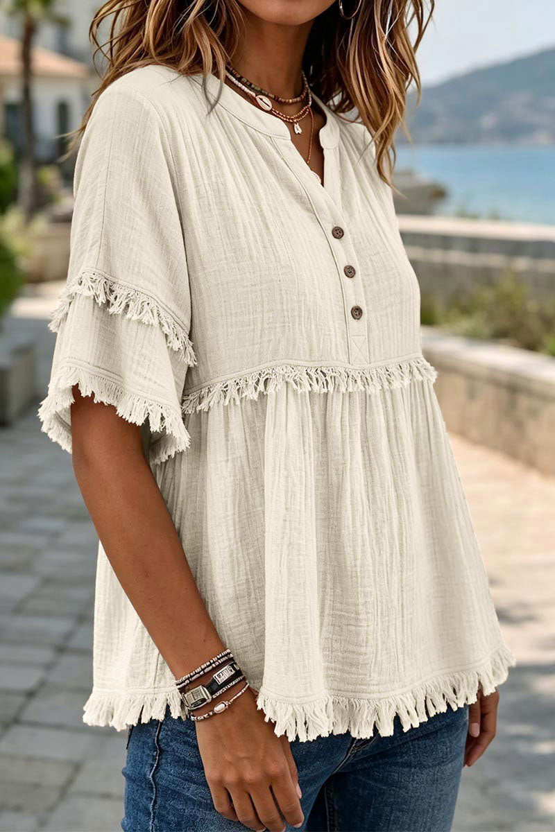 Solid Raw Hem Button Front Notched Neck Blouse
