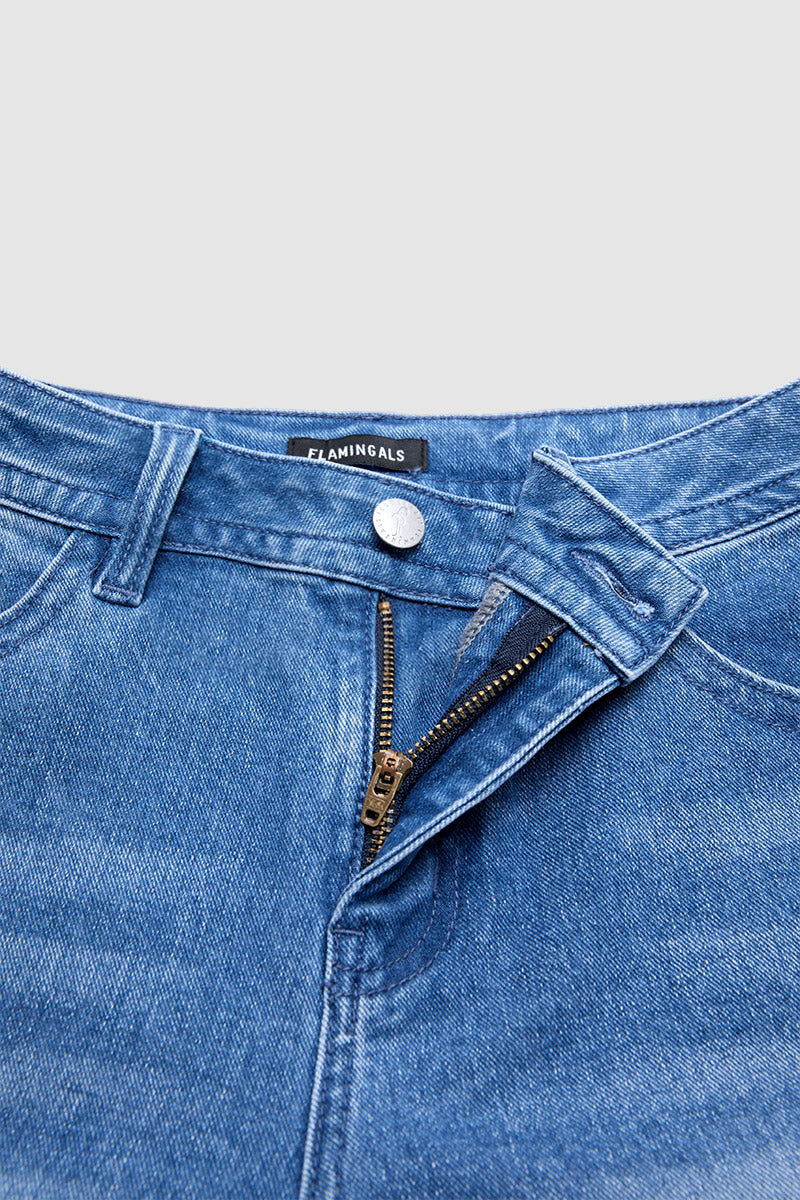 Wash Ruffle Split Hem Mid Rise Straight Leg Cropped Jeans