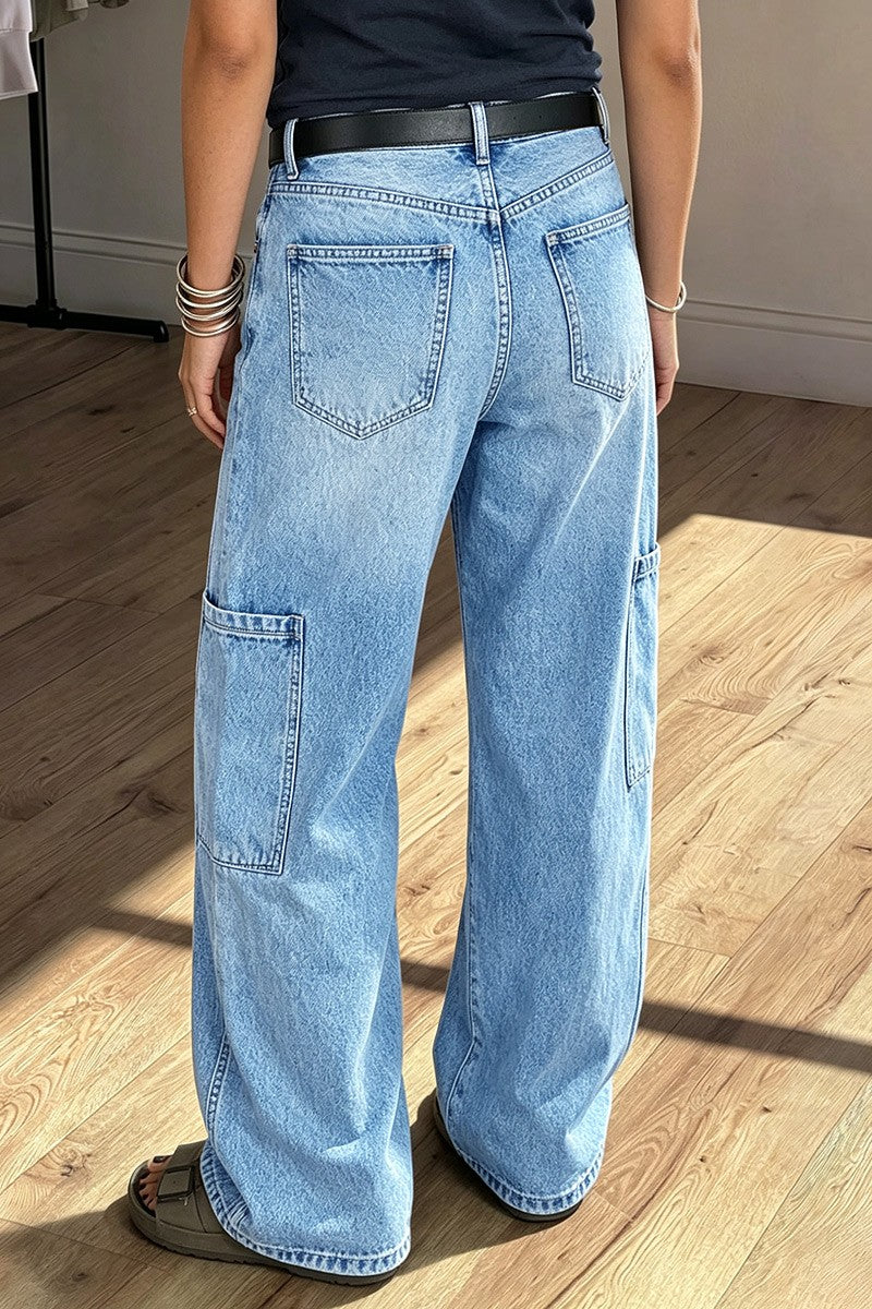 Wash Patch Pocket Stitch Detail Mid Waist Wide Leg Jeans Without Belt