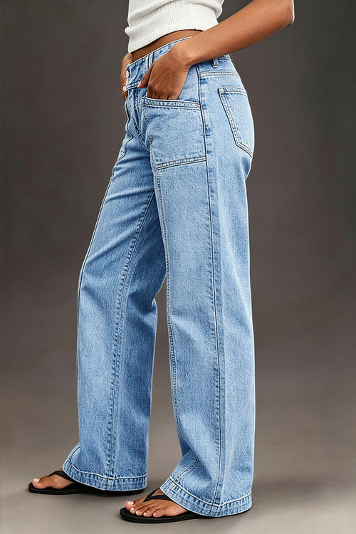 Wash Asymmetrical Stitch Detail Mid Waist Straight Leg Jeans