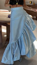 Ice Blue Asymmetric Ruffle Maxi Skirt