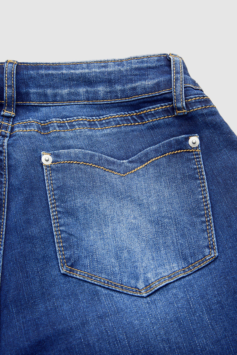 Wash Raw Hem V Cut Pocket Mid Rise Bootcut Jeans