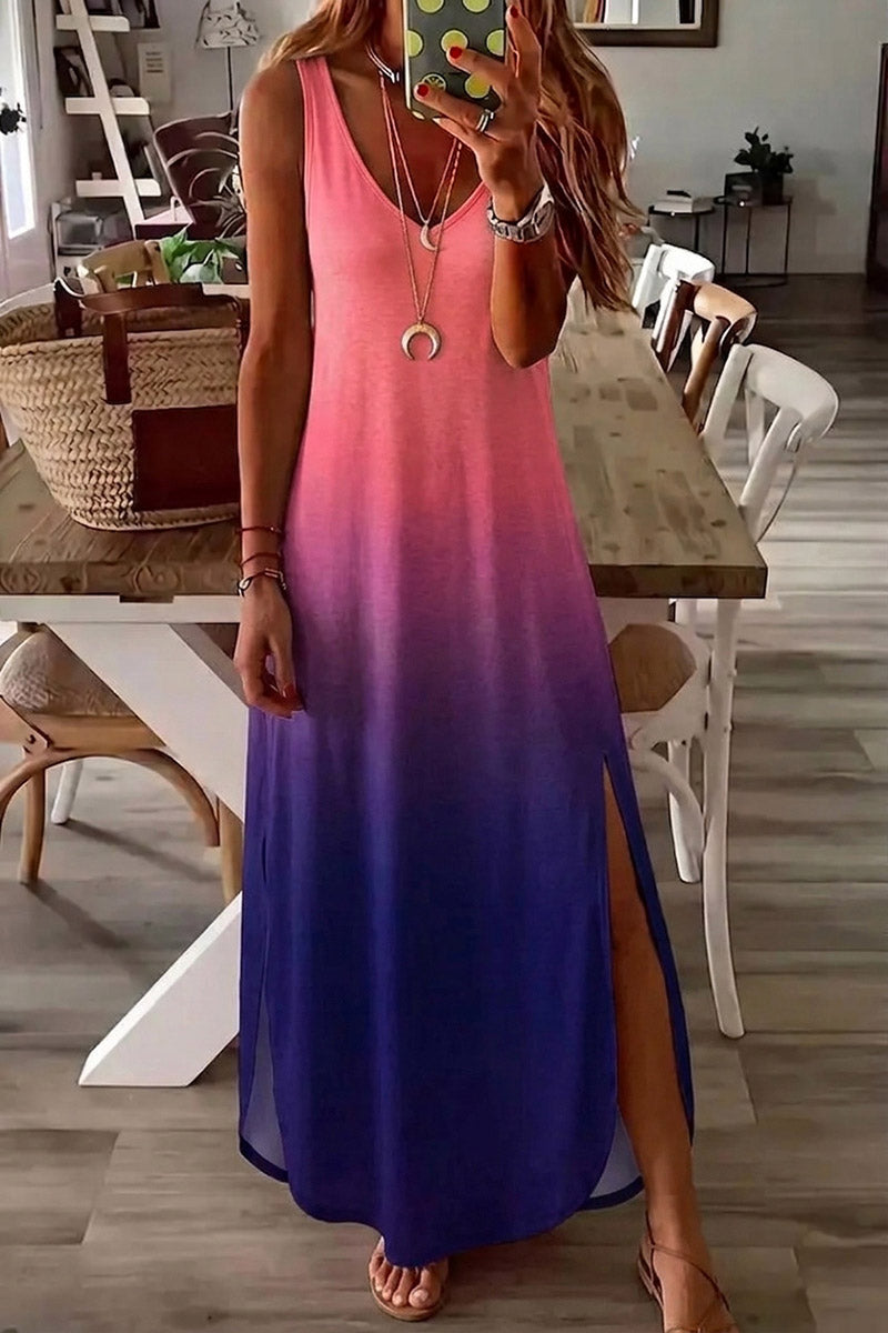 Ombre Split Side V Neck Maxi Tank Dress