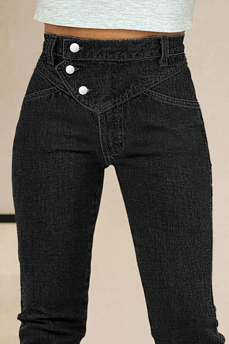 Wash Stitch Detail Button Up High Rise Bootcut Jeans