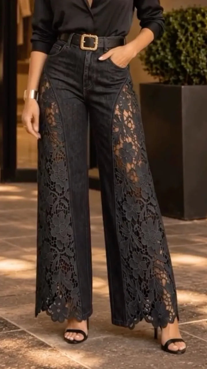 Black Floral Lace-Panel Wide-Leg Jeans