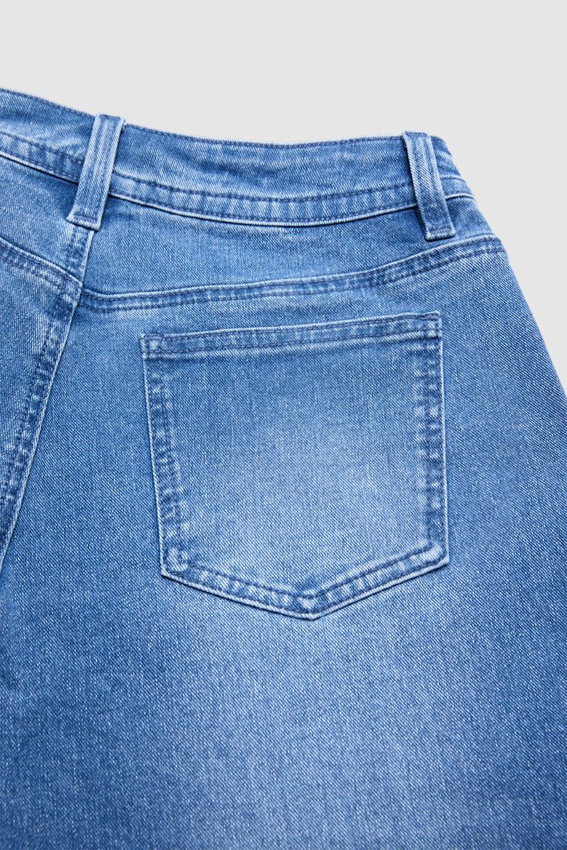 Wash Ruffle Split Hem Mid Rise Straight Leg Cropped Jeans