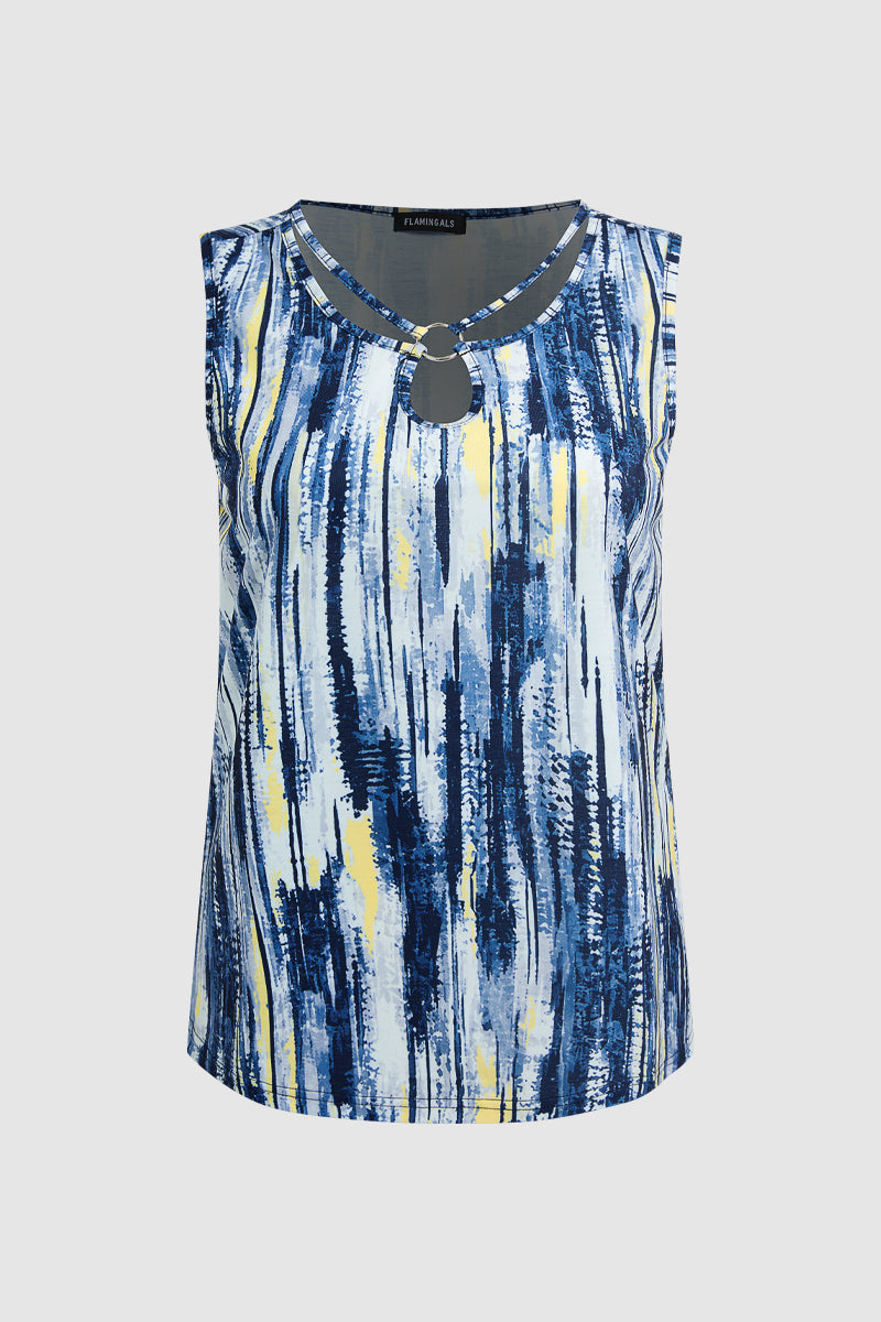 Allover Print Ring Linked Hollow Out V Neck Tank Top