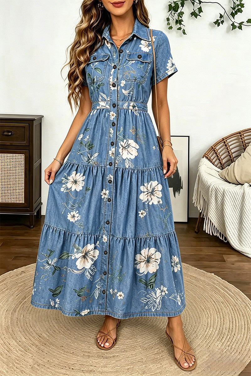 Floral Print Flap Pocket Button Up Short Sleeve Maxi Dress