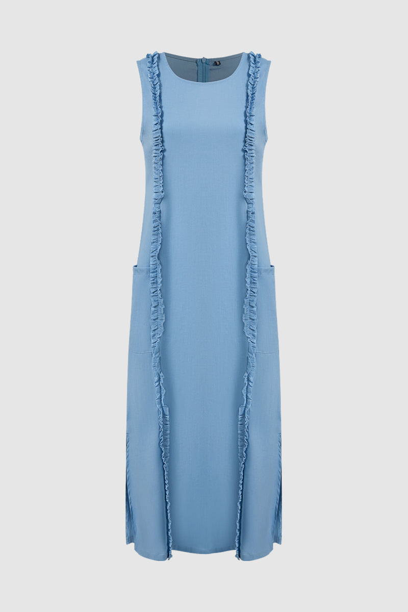 Contrast Lace Split Pocket Round Neck Tank Midi Dress