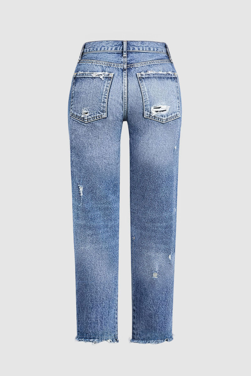 Raw Hem Ripped Mid Rise Straight Leg Crop Jeans