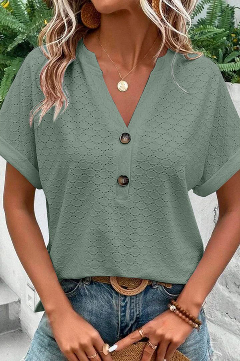 Solid Hollow Out Button Decor V Neck T-Shirt