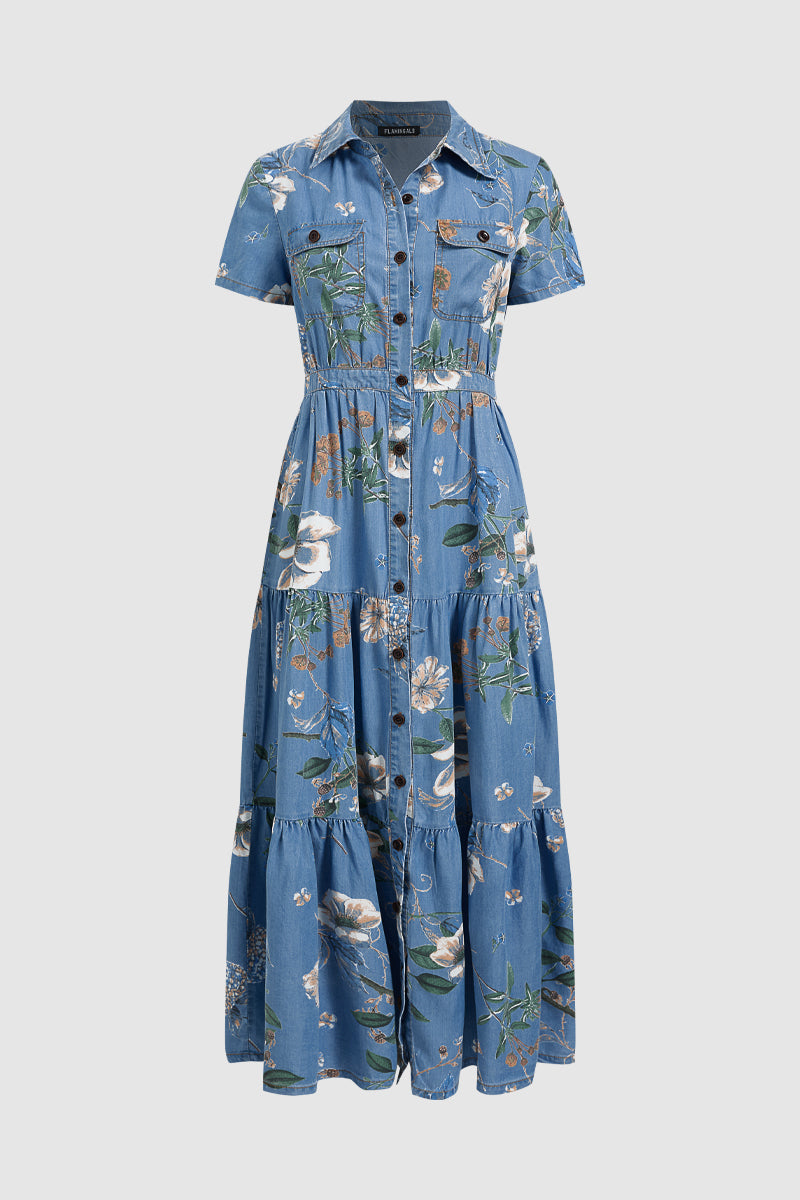Floral Print Flap Pocket Button Up Short Sleeve Maxi Dress
