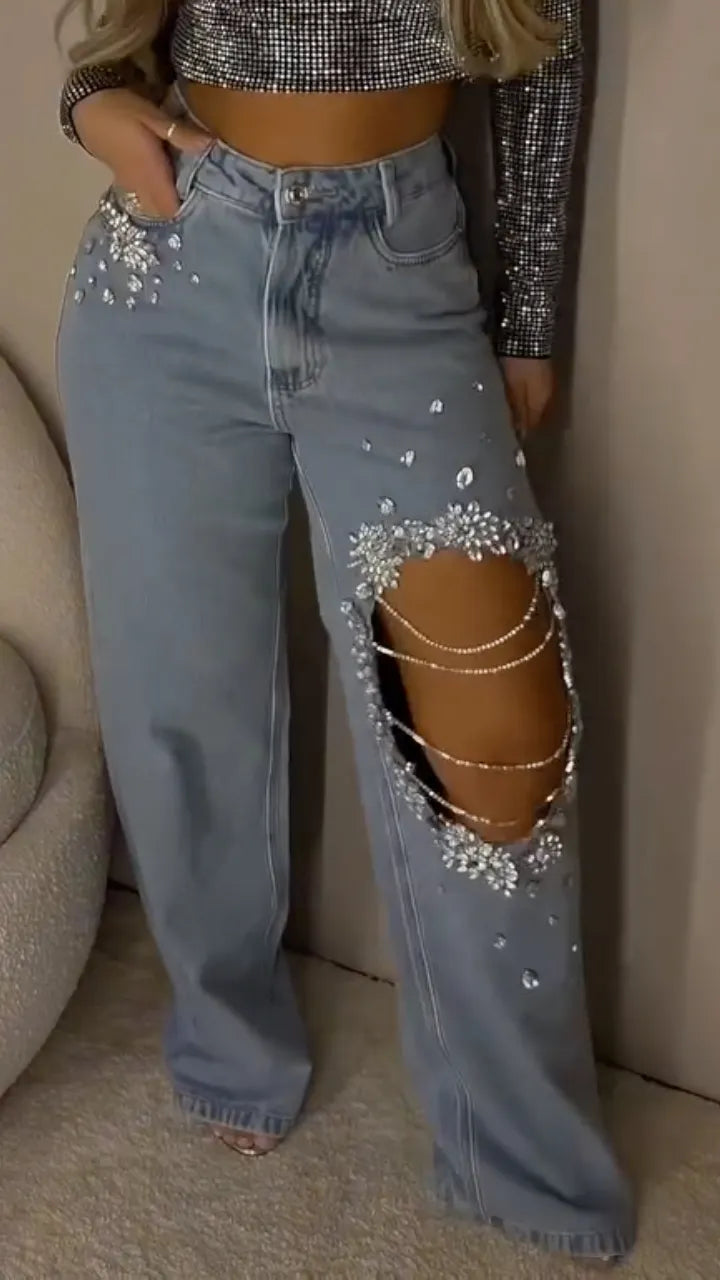 Light Blue Crystal-Trim Chain-Cutout Wide-Leg Jeans