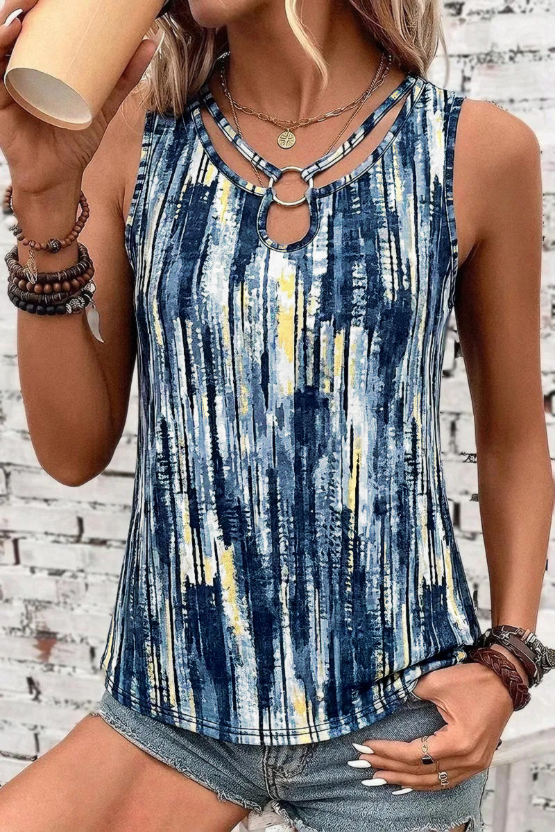 Allover Print Ring Linked Hollow Out V Neck Tank Top