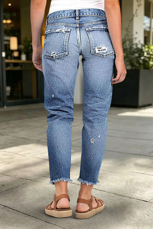 Raw Hem Ripped Mid Rise Straight Leg Crop Jeans