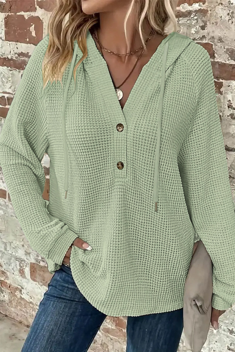 Waffle Knit Half Button Placket Drawstring Long Sleeve Hoodie