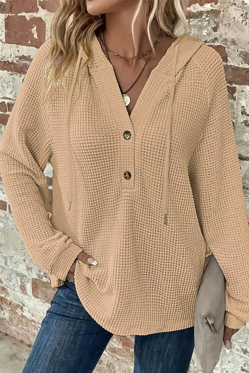 Waffle Knit Half Button Placket Drawstring Long Sleeve Hoodie