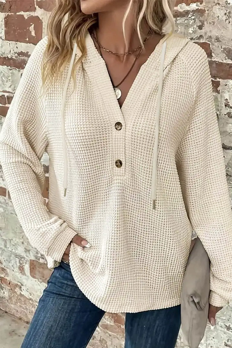 Waffle Knit Half Button Placket Drawstring Long Sleeve Hoodie