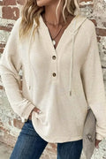 Waffle Knit Half Button Placket Drawstring Long Sleeve Hoodie