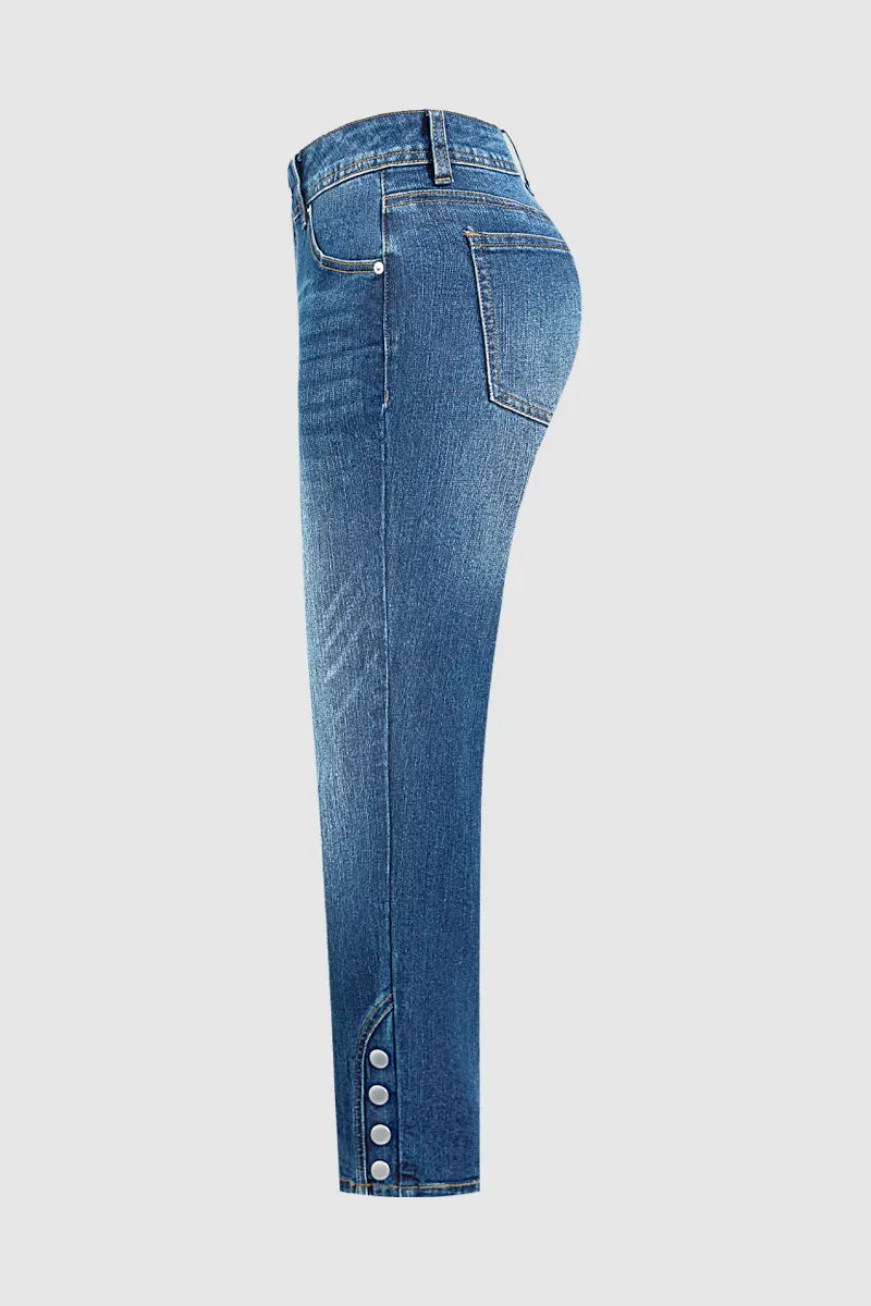 Wash Button Detail Mid Waist Straight Leg Cropped Jeans